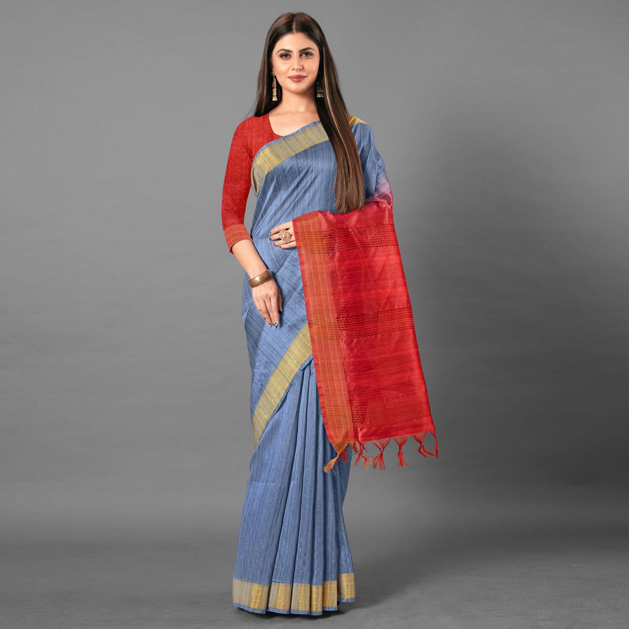 Blue Casual Wear Solid Cotton silk Saree - Peachmode