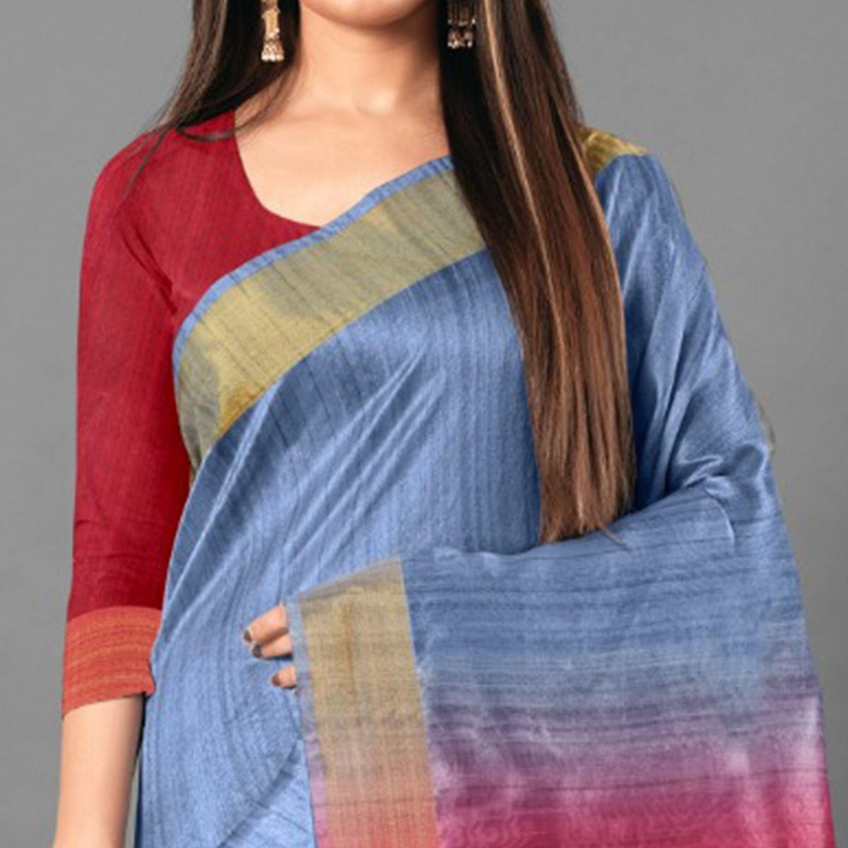 Blue Casual Wear Solid Cotton silk Saree - Peachmode