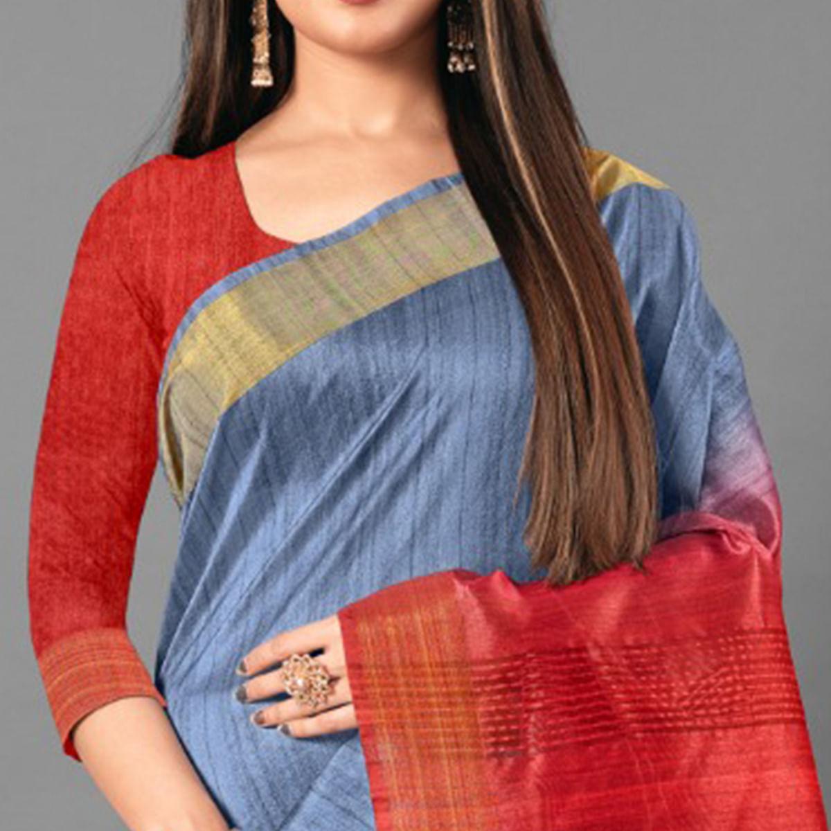 Blue Casual Wear Solid Cotton silk Saree - Peachmode