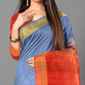 Blue Casual Wear Solid Cotton silk Saree - Peachmode