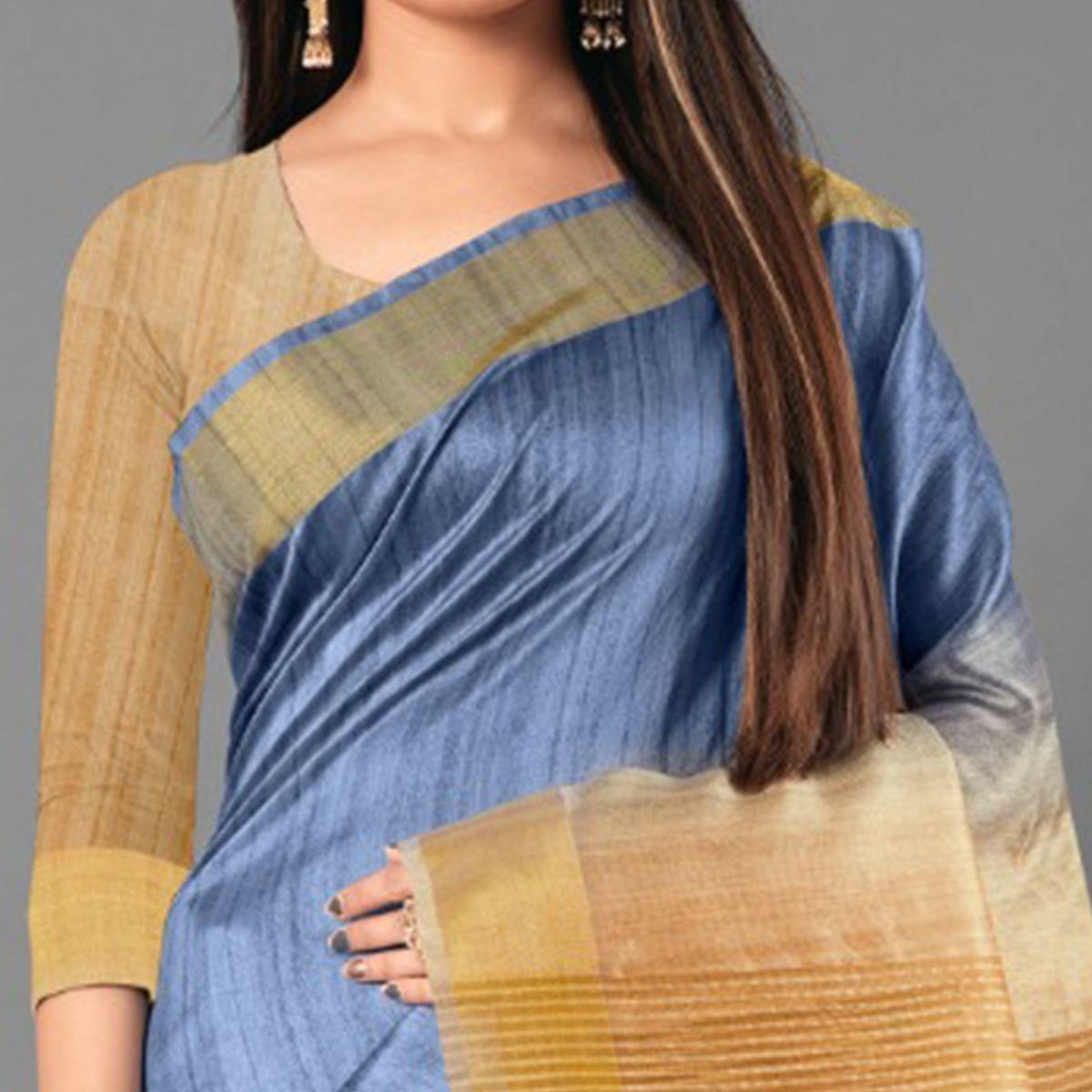 Blue Casual Wear Solid Cotton silk Saree - Peachmode