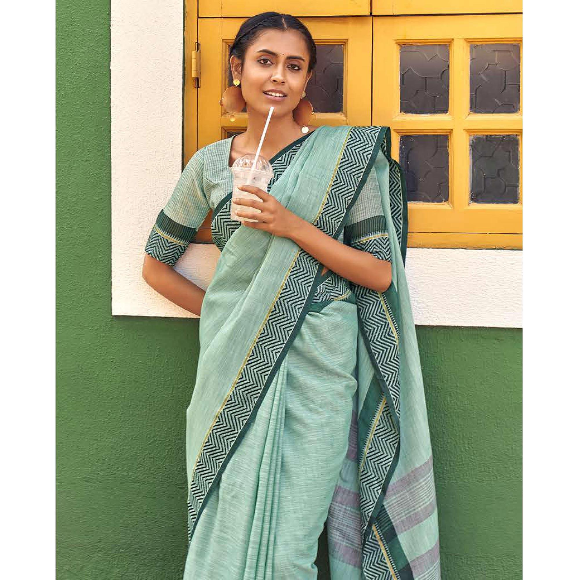 Blue Casual Wear Solid Linen Saree - Peachmode