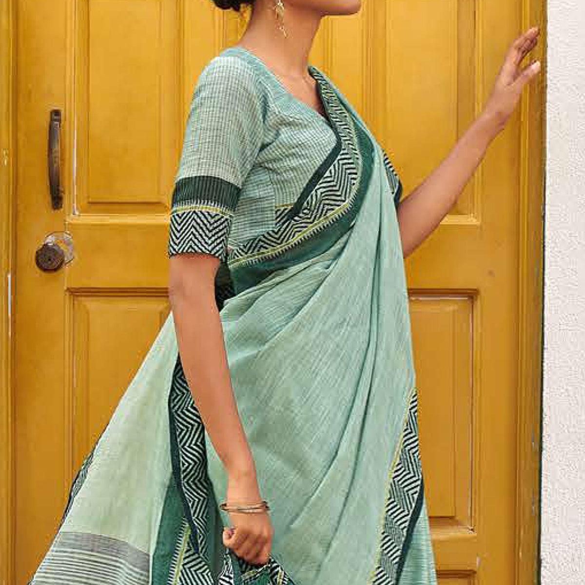 Blue Casual Wear Solid Linen Saree - Peachmode