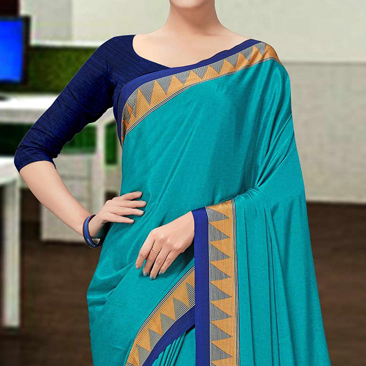 Blue Casual Wear Solid Silk Saree - Peachmode