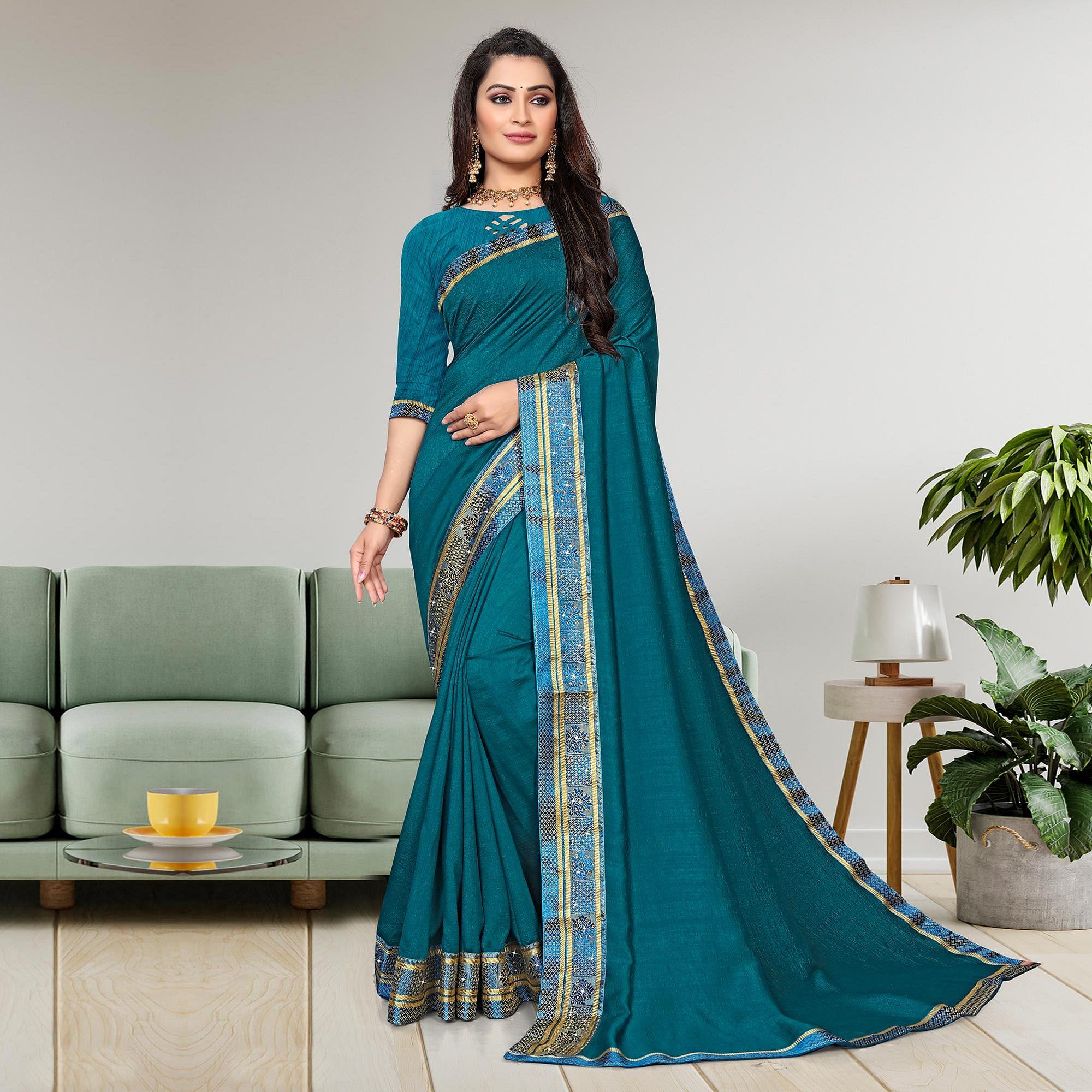 Blue Casual Wear Solid Vichitra Silk Saree - Peachmode