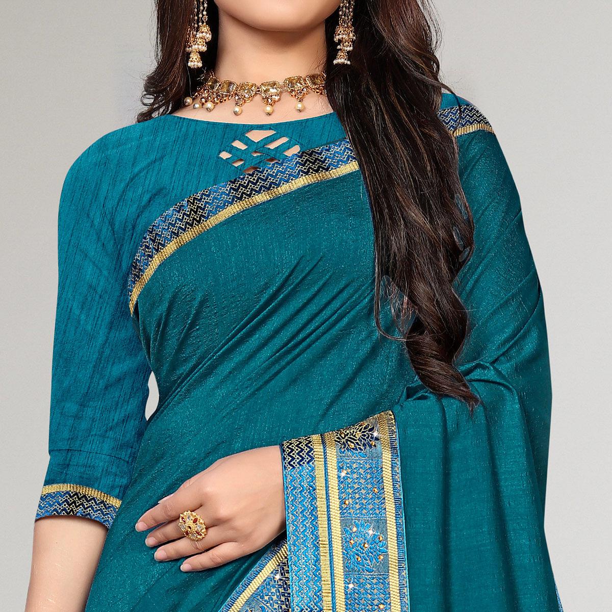 Blue Casual Wear Solid Vichitra Silk Saree - Peachmode