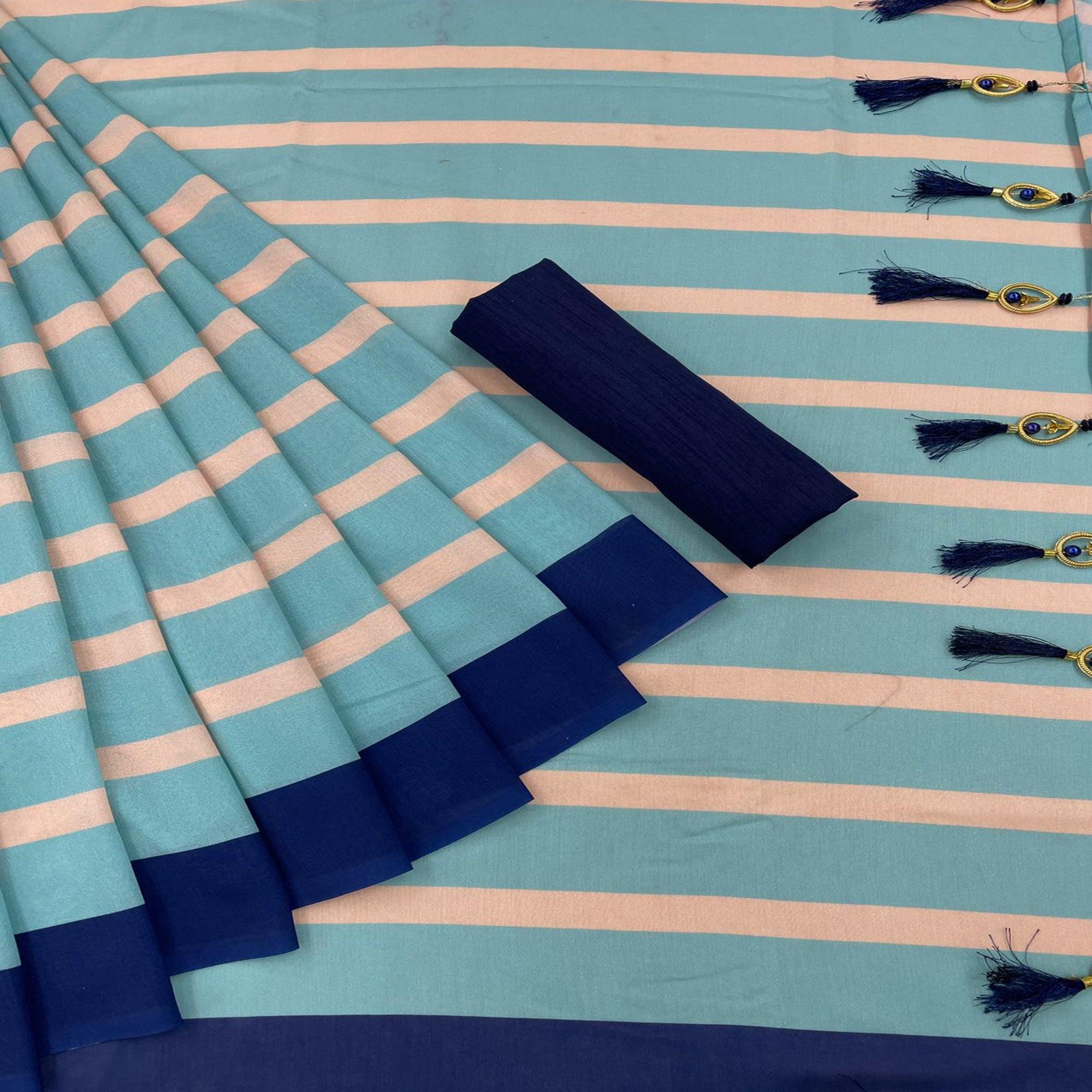 Blue Casual Wear Stripe Printed Silk Saree With Tassels - Peachmode