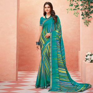 Blue Casual Wear Striped Printed Chiffon-Banarsi Saree With Banarasi Border - Peachmode