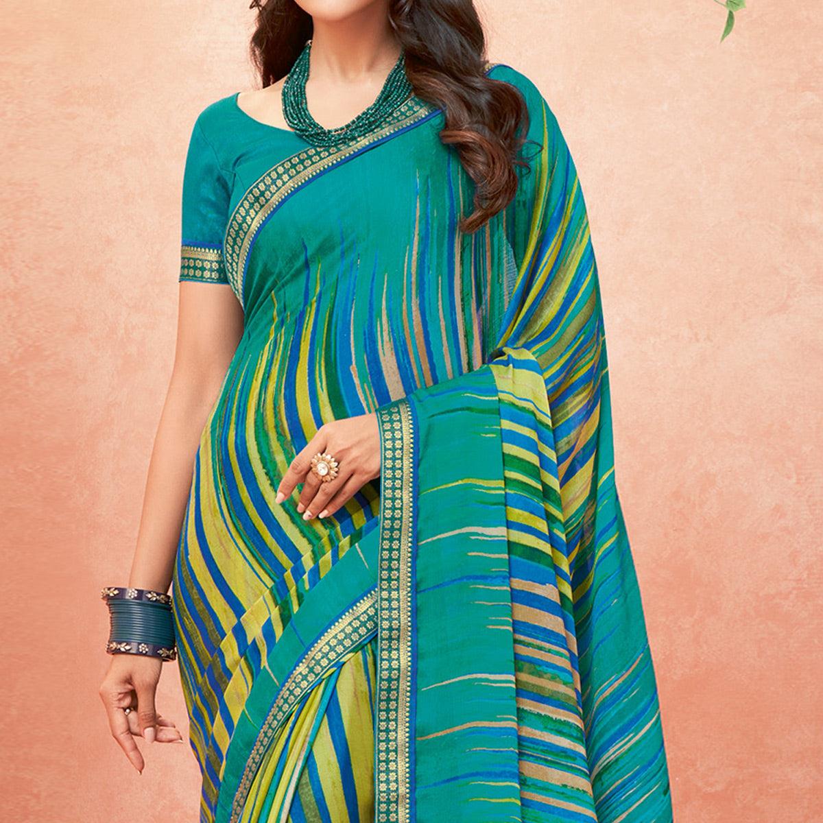 Blue Casual Wear Striped Printed Chiffon-Banarsi Saree With Banarasi Border - Peachmode