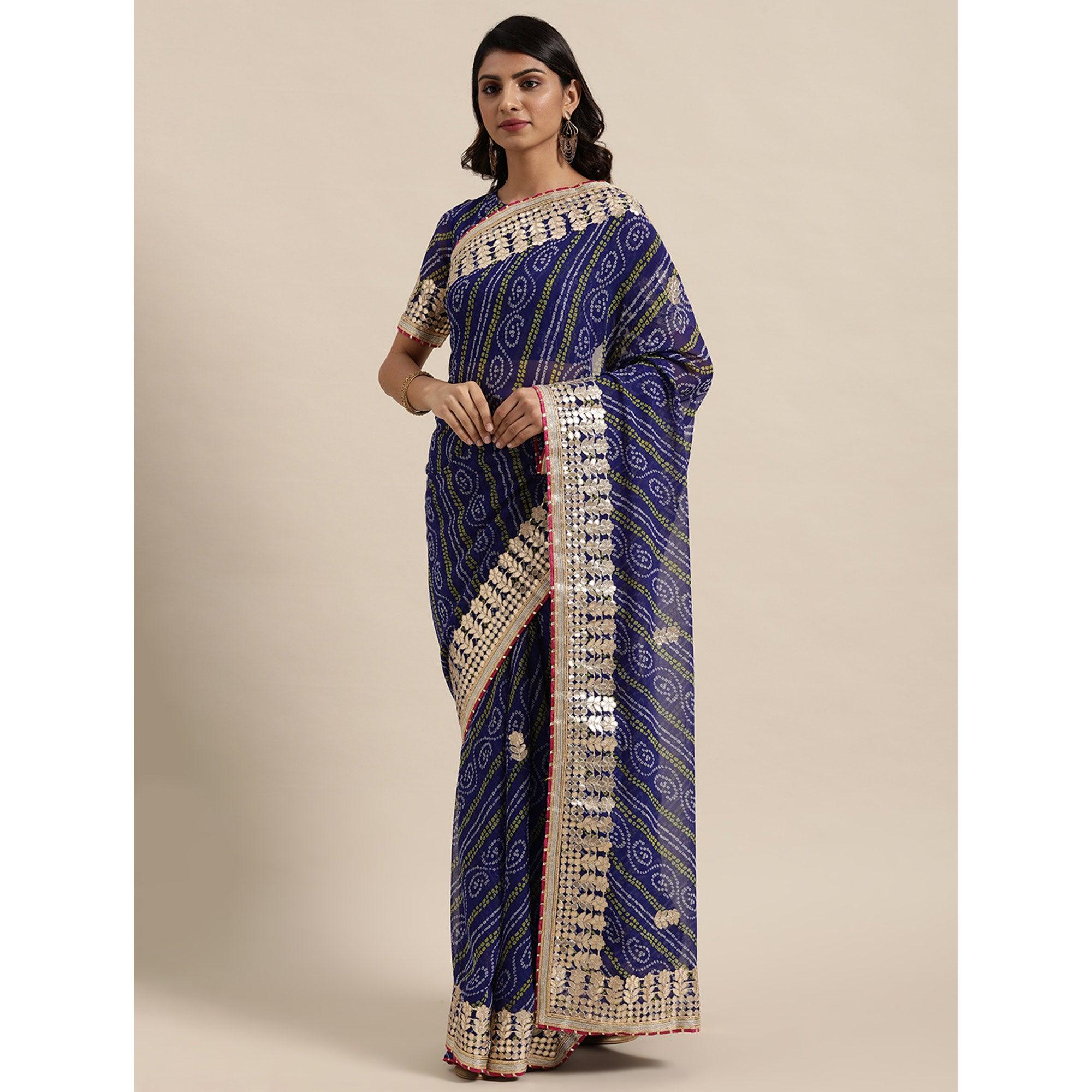 Blue Casual Wear  Stripes Printed Georgette Saree - Peachmode