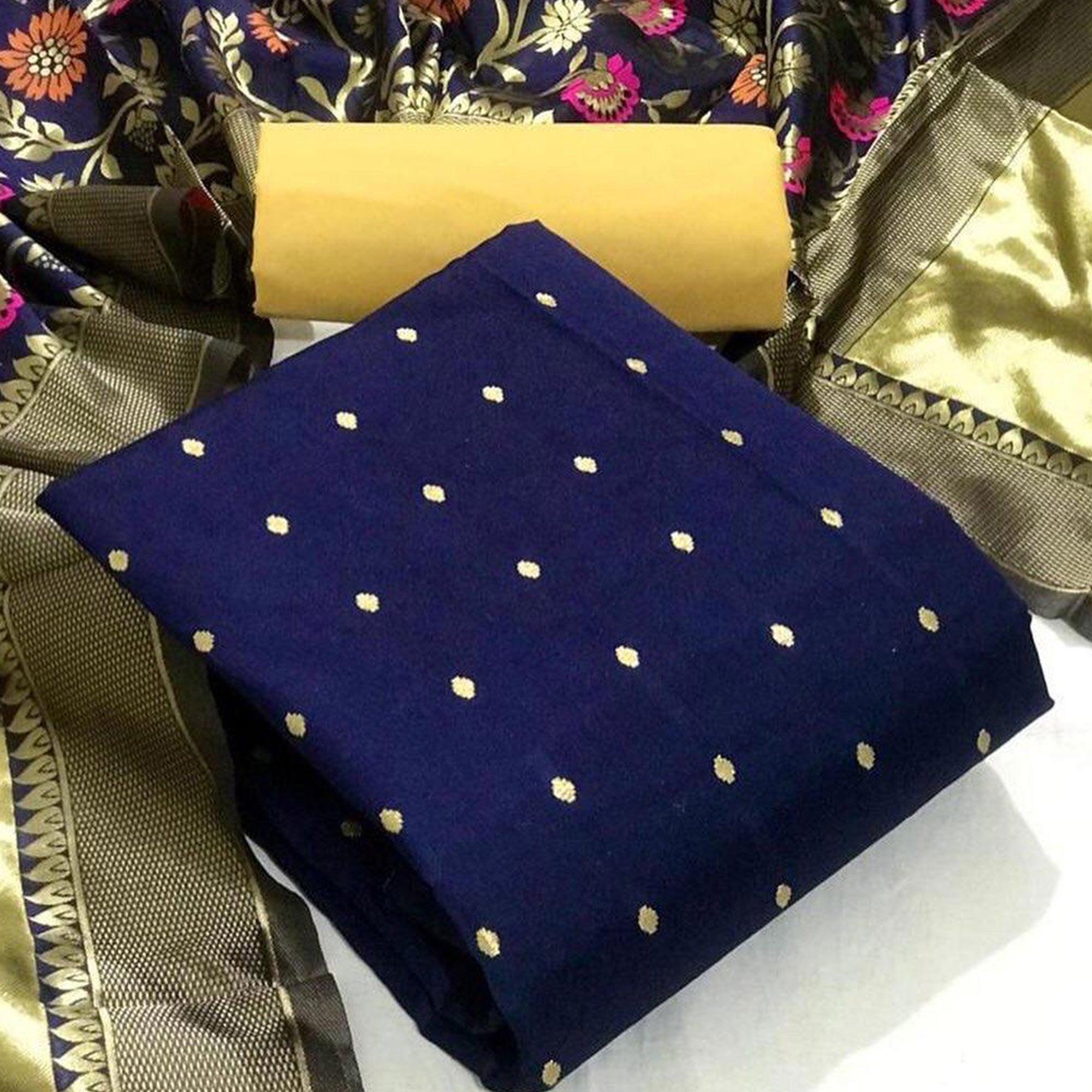 Blue Casual Wear Woven Banarasi Silk Dress Material - Peachmode