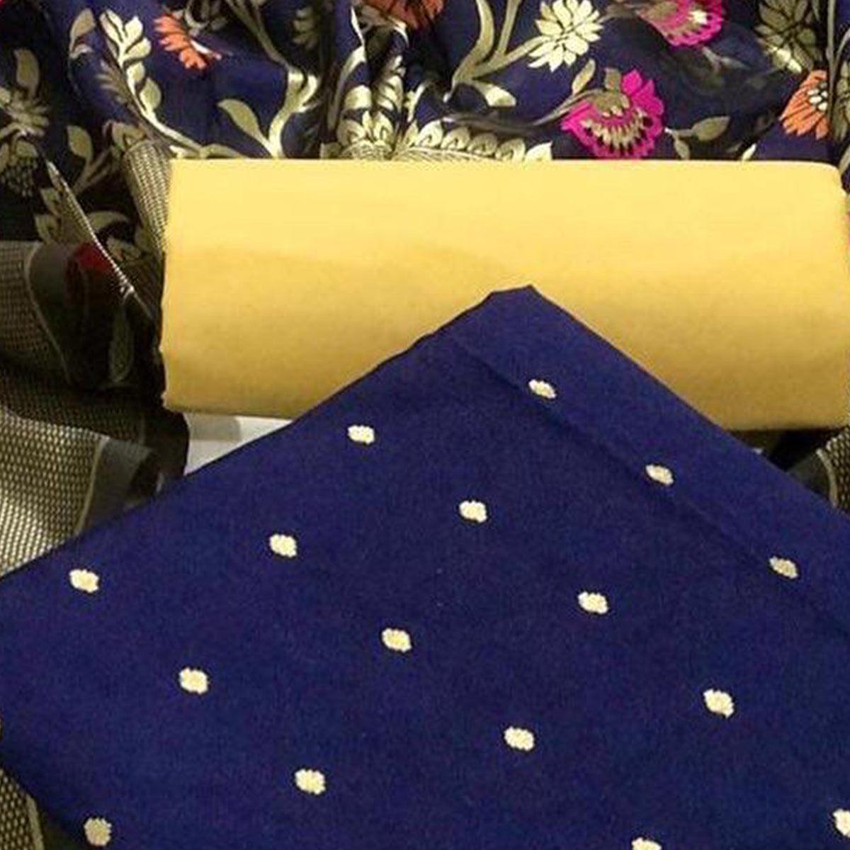 Blue Casual Wear Woven Banarasi Silk Dress Material - Peachmode