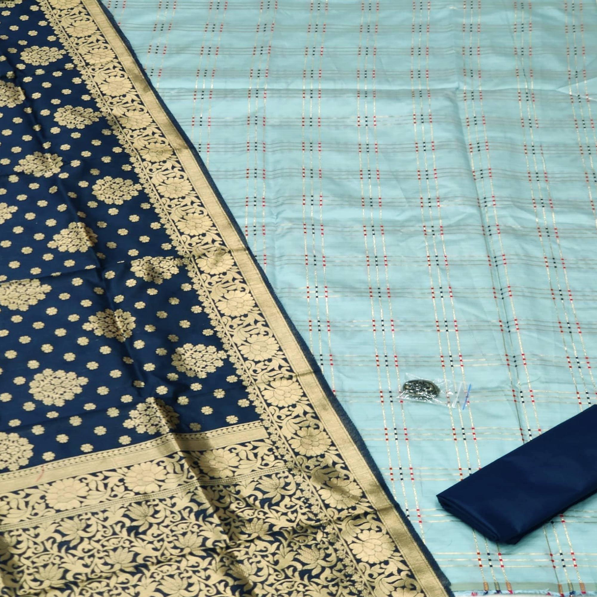 Blue Casual Wear Woven Banarasi Silk Dress Material - Peachmode