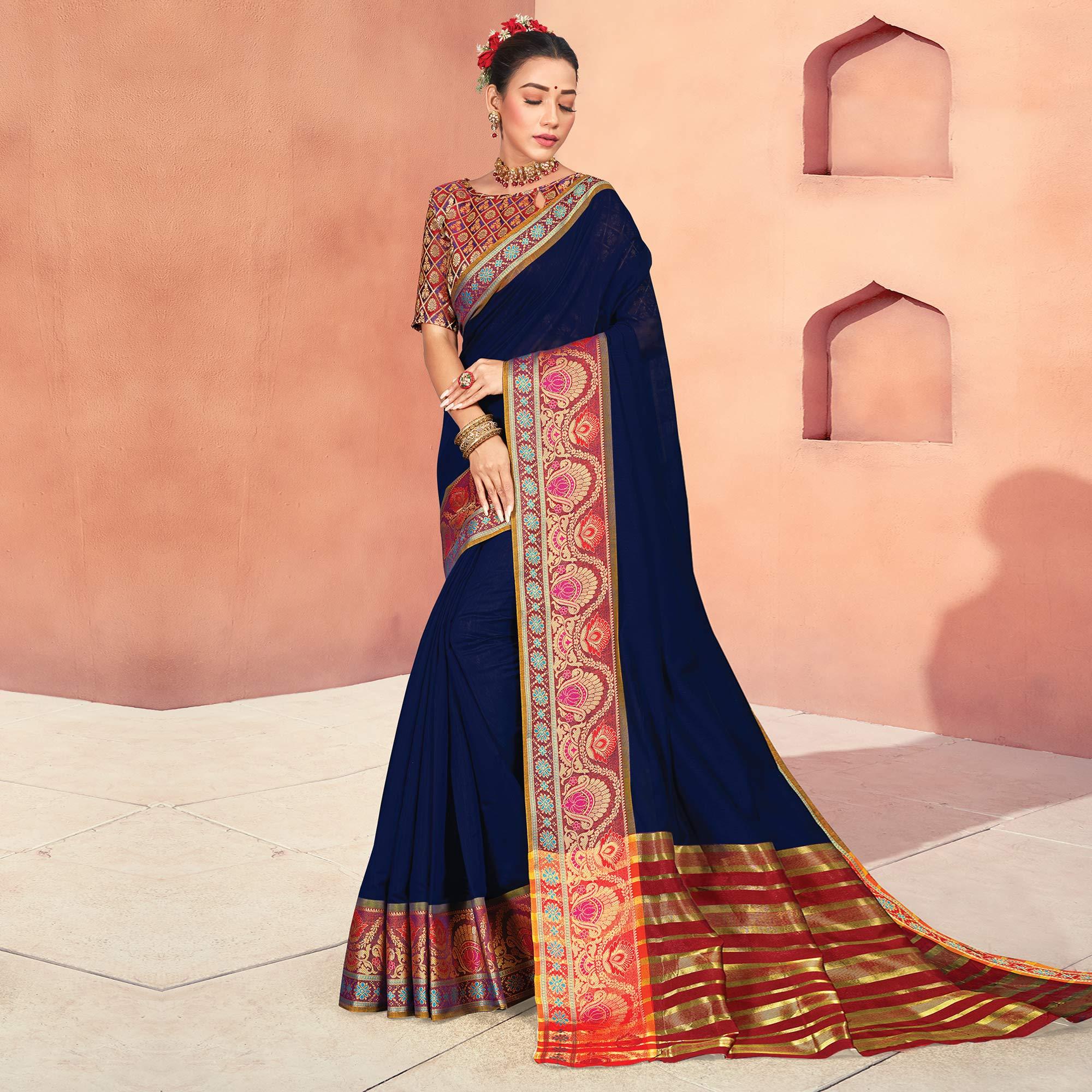 Blue Casual Wear Woven Cotton Handloom Saree - Peachmode