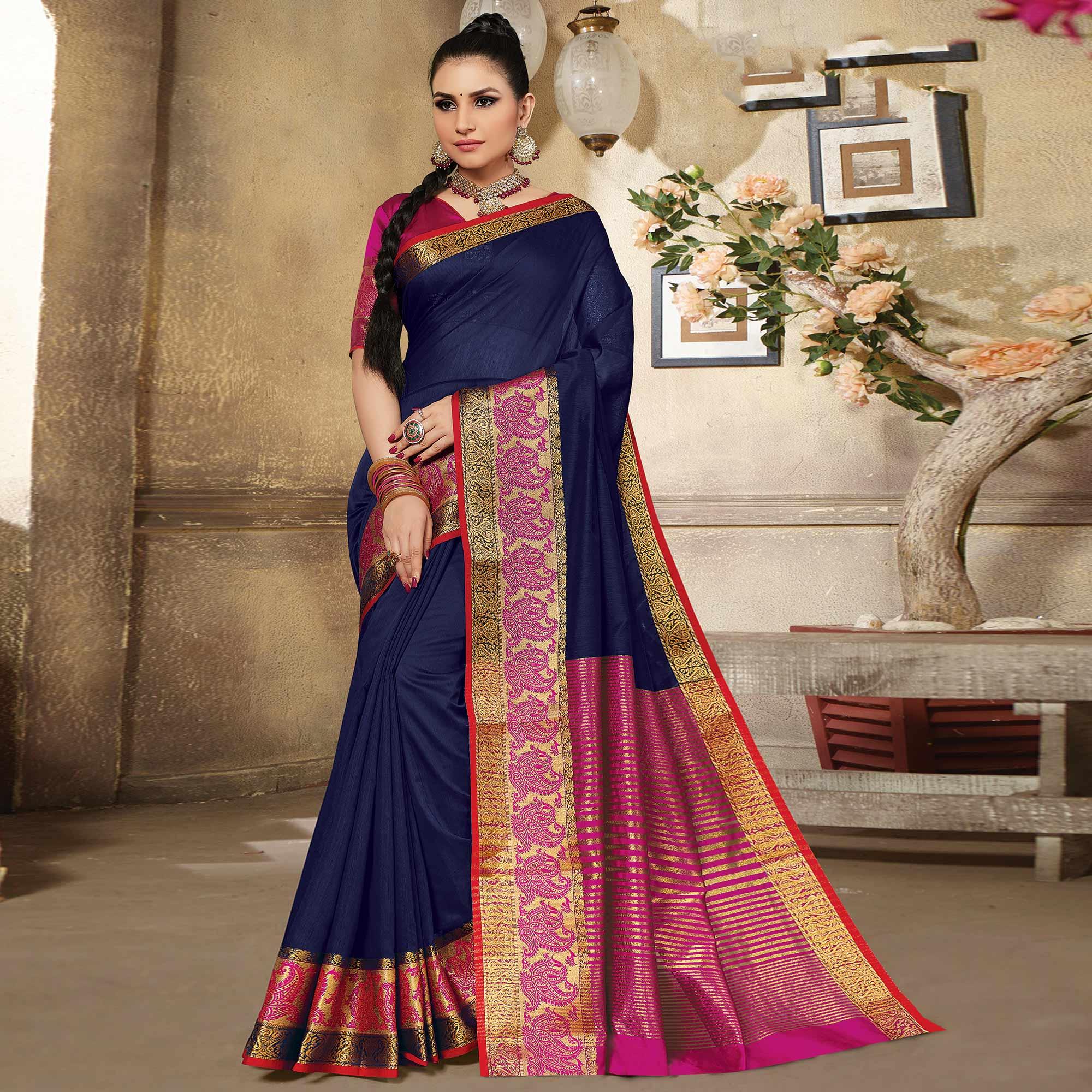 Blue Casual Wear Woven Cotton Handloom Saree - Peachmode