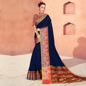 Blue Casual Wear Woven Cotton Handloom Saree - Peachmode