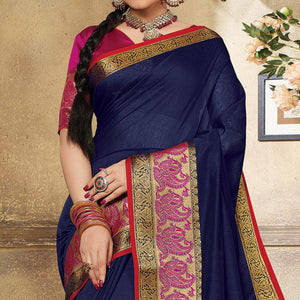 Blue Casual Wear Woven Cotton Handloom Saree - Peachmode