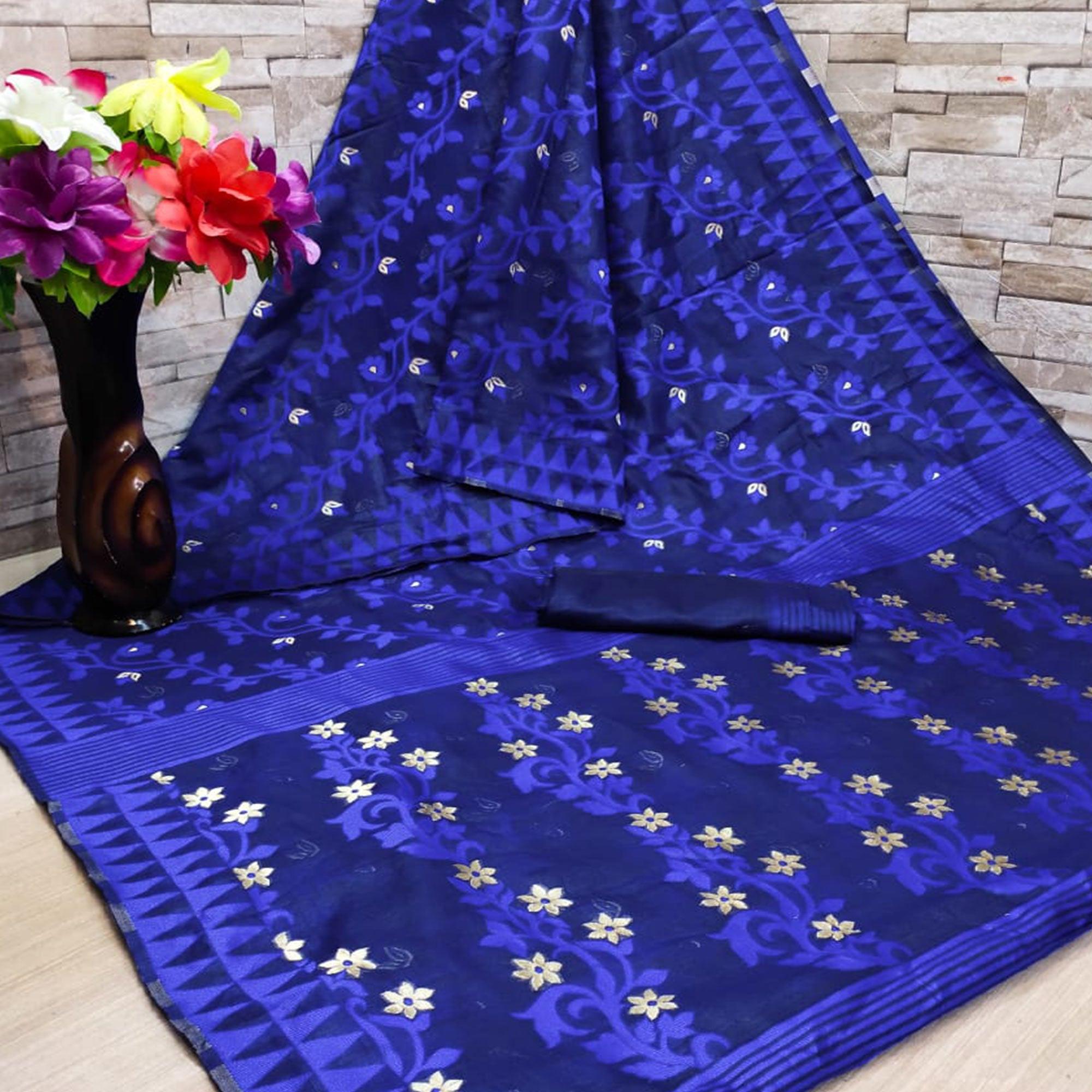 Blue Casual Wear Woven Jacquard Silk Saree - Peachmode
