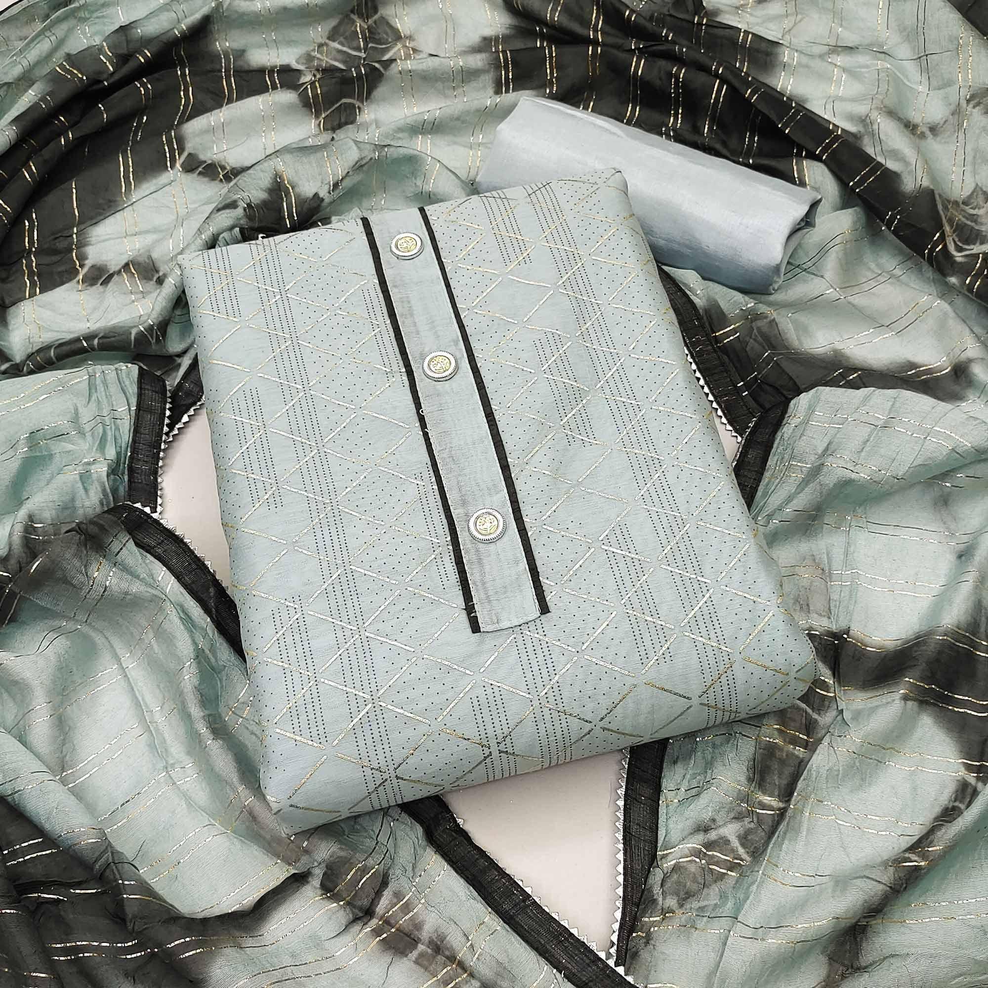 Blue Checks Printed Chanderi Dress Material - Peachmode