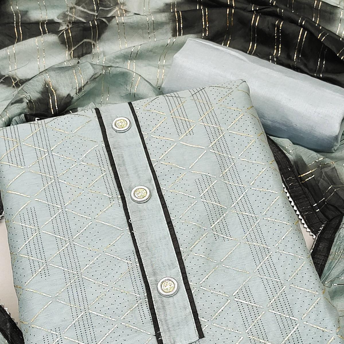 Blue Checks Printed Chanderi Dress Material - Peachmode