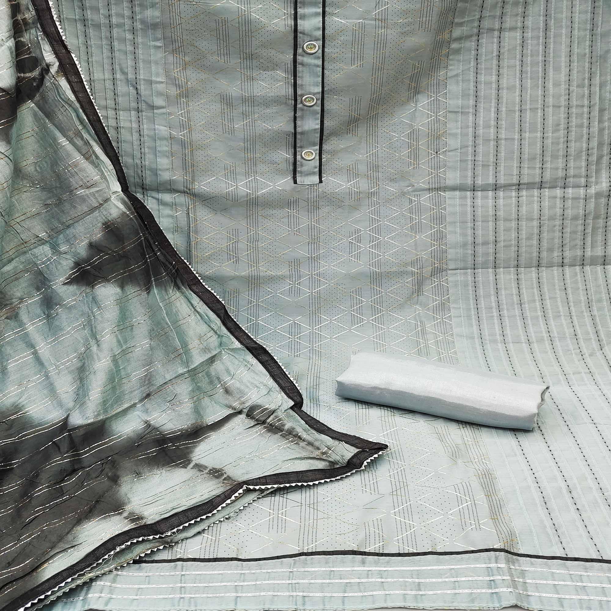 Blue Checks Printed Chanderi Dress Material - Peachmode