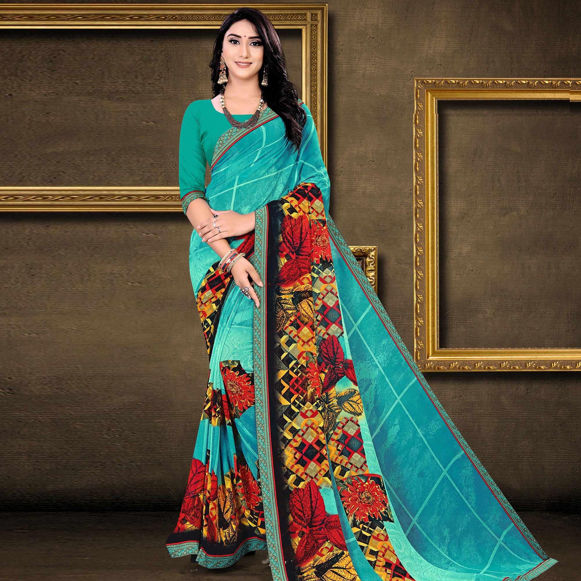 Blue Checks Printed Georgette Saree - Peachmode