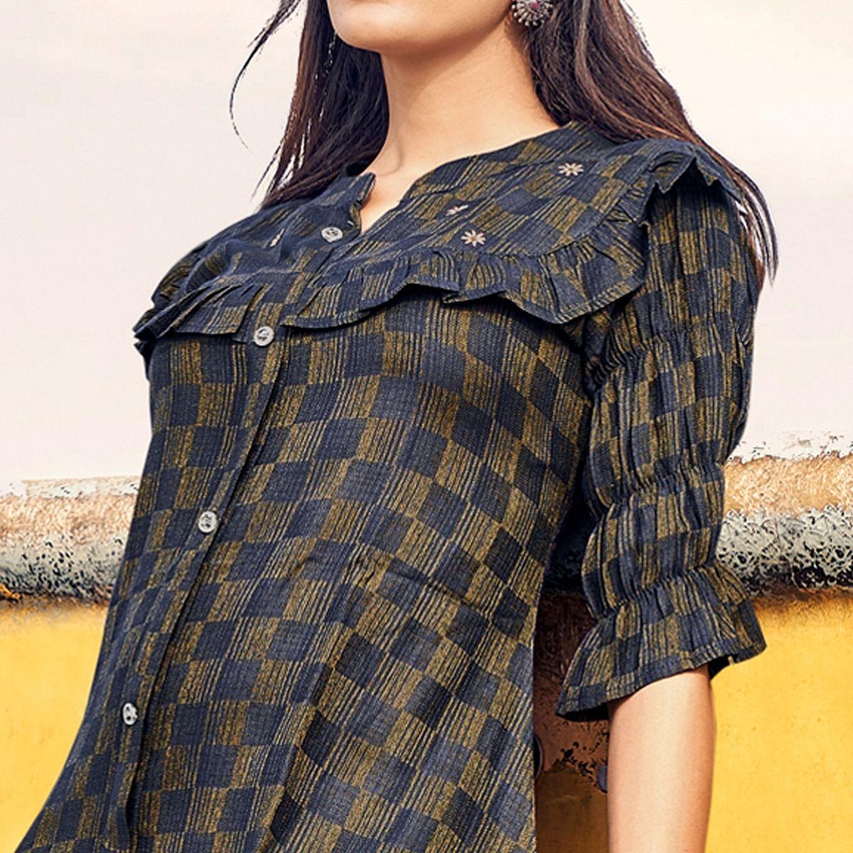 Blue Checks Printed Rayon Top - Peachmode