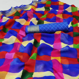 Blue Cheks Printed Chiffon Saree - Peachmode