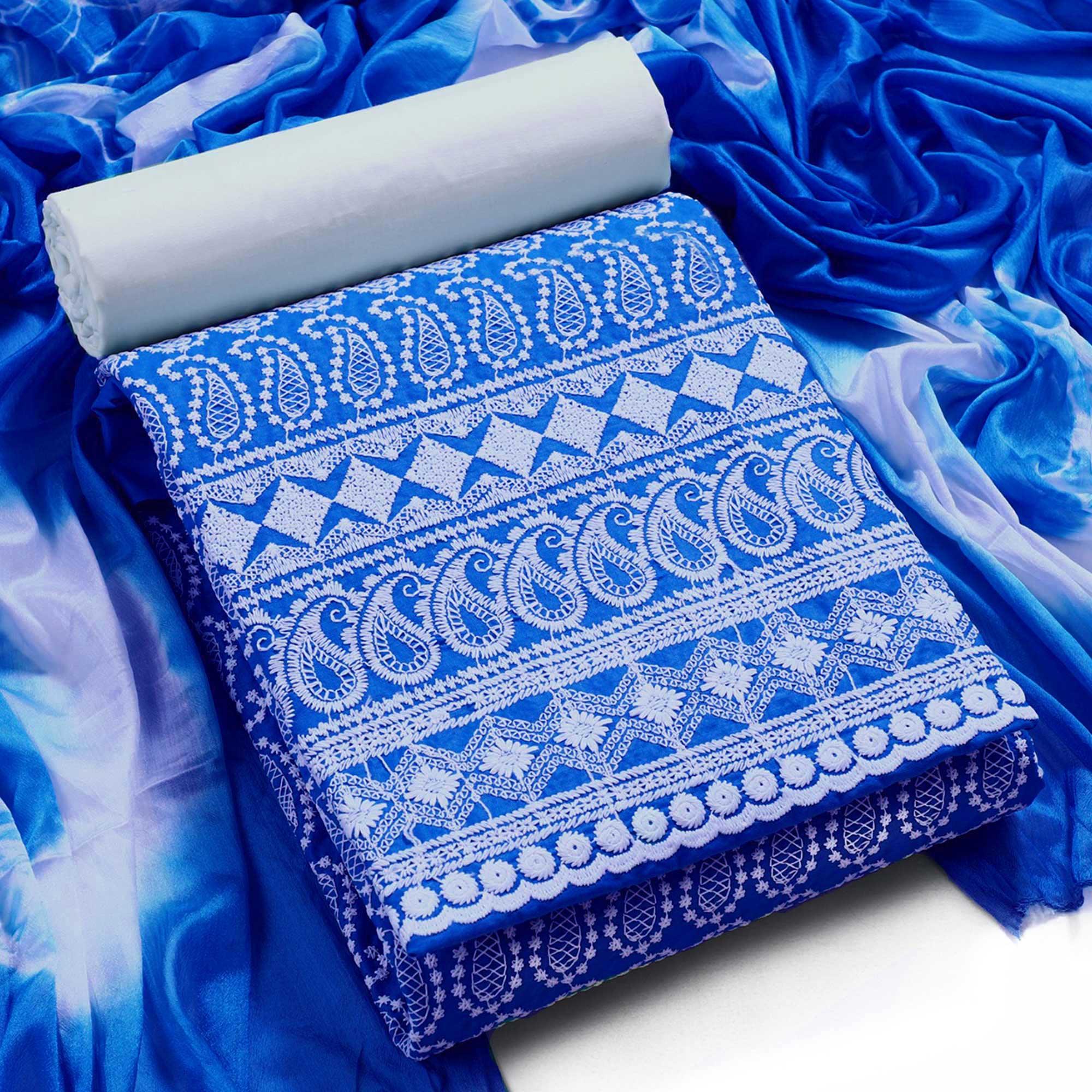 Blue Chikankari Work Poly Cotton Dress Material - Peachmode