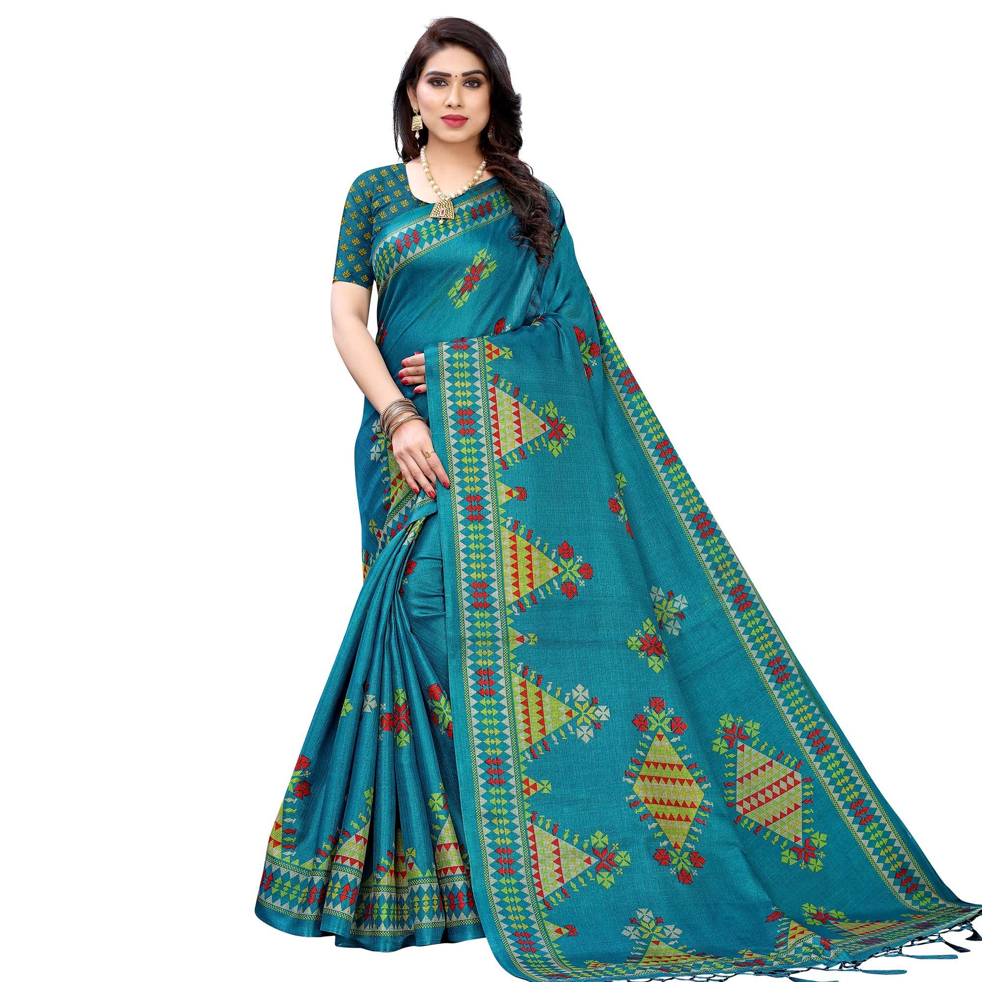 Blue Colored Festive Wear Printed Jute Saree - Peachmode