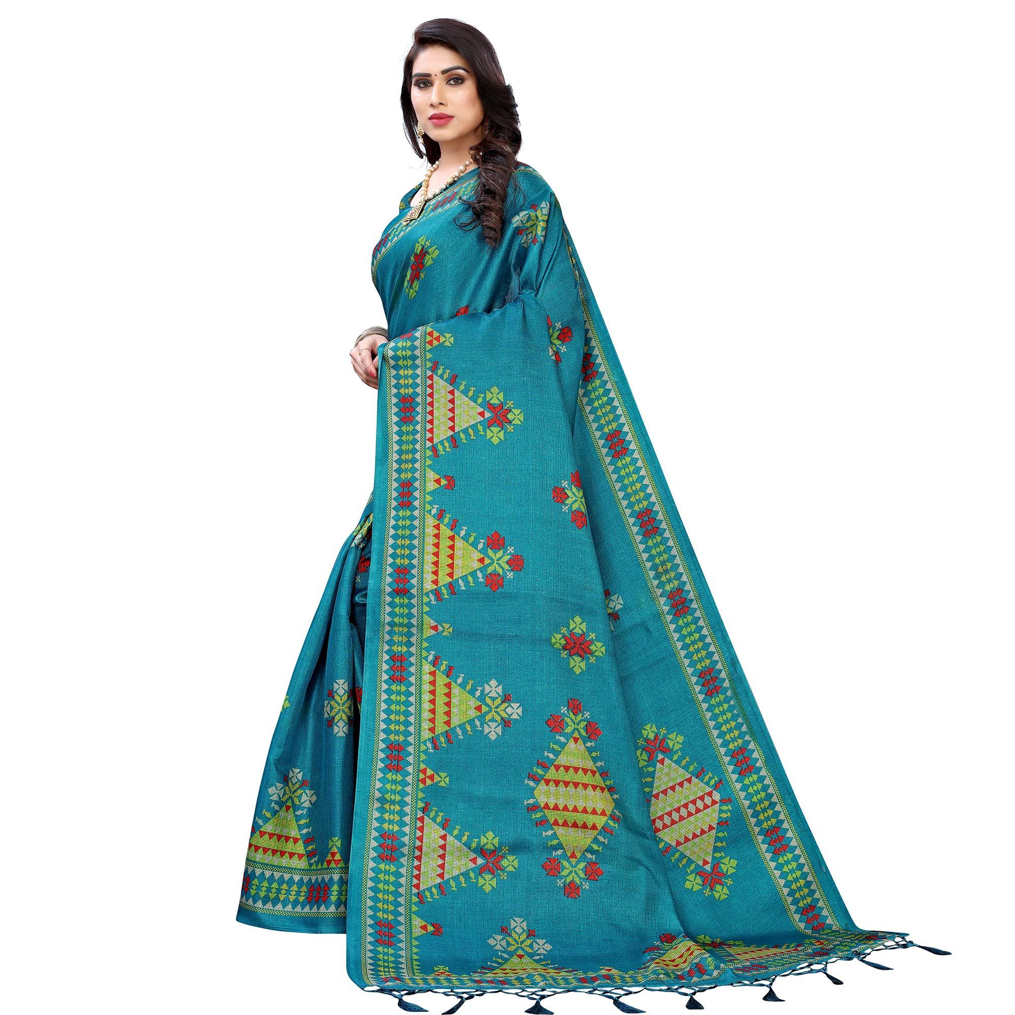 Blue Colored Festive Wear Printed Jute Saree - Peachmode