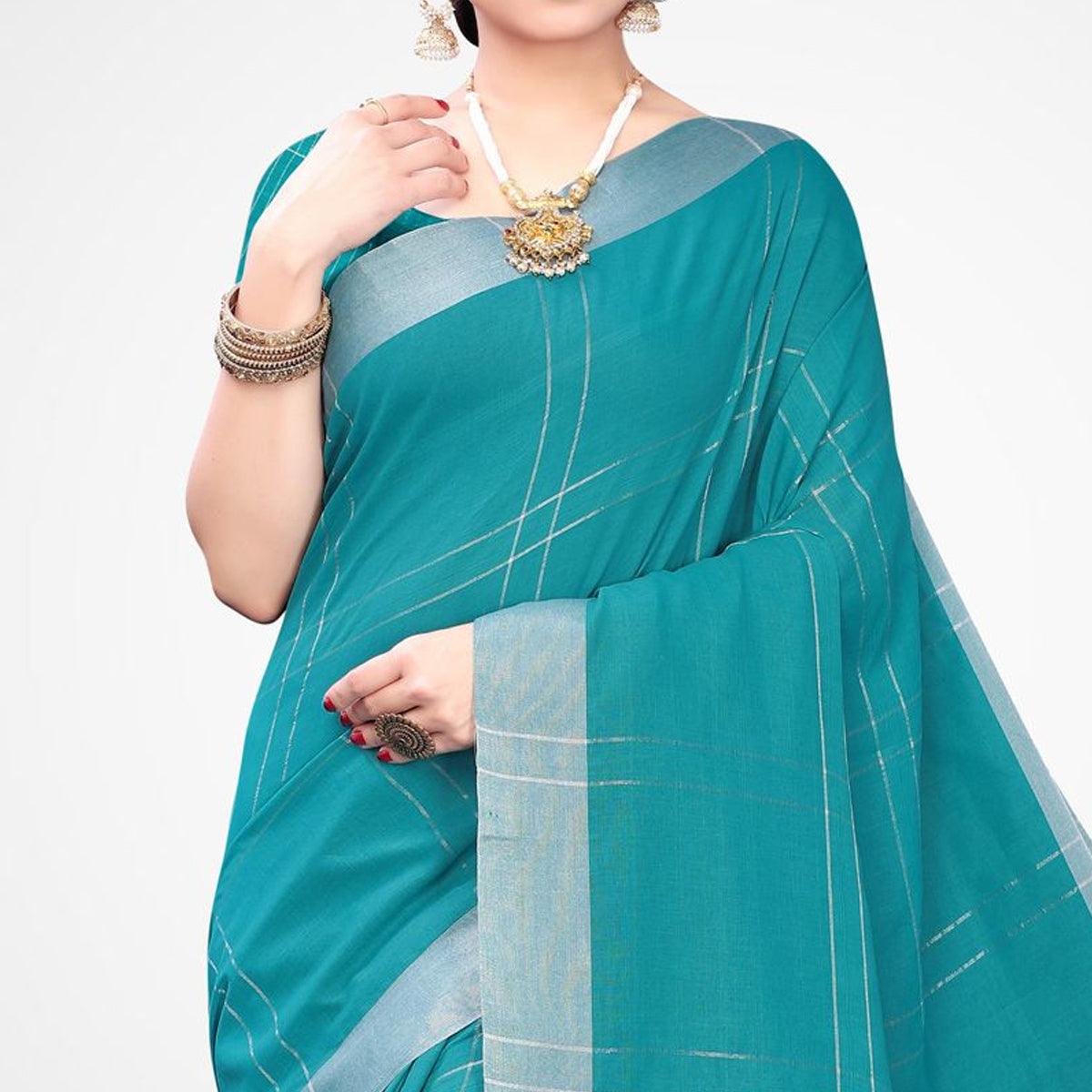 Blue Colored Printed Cotton Blend Saree - Peachmode