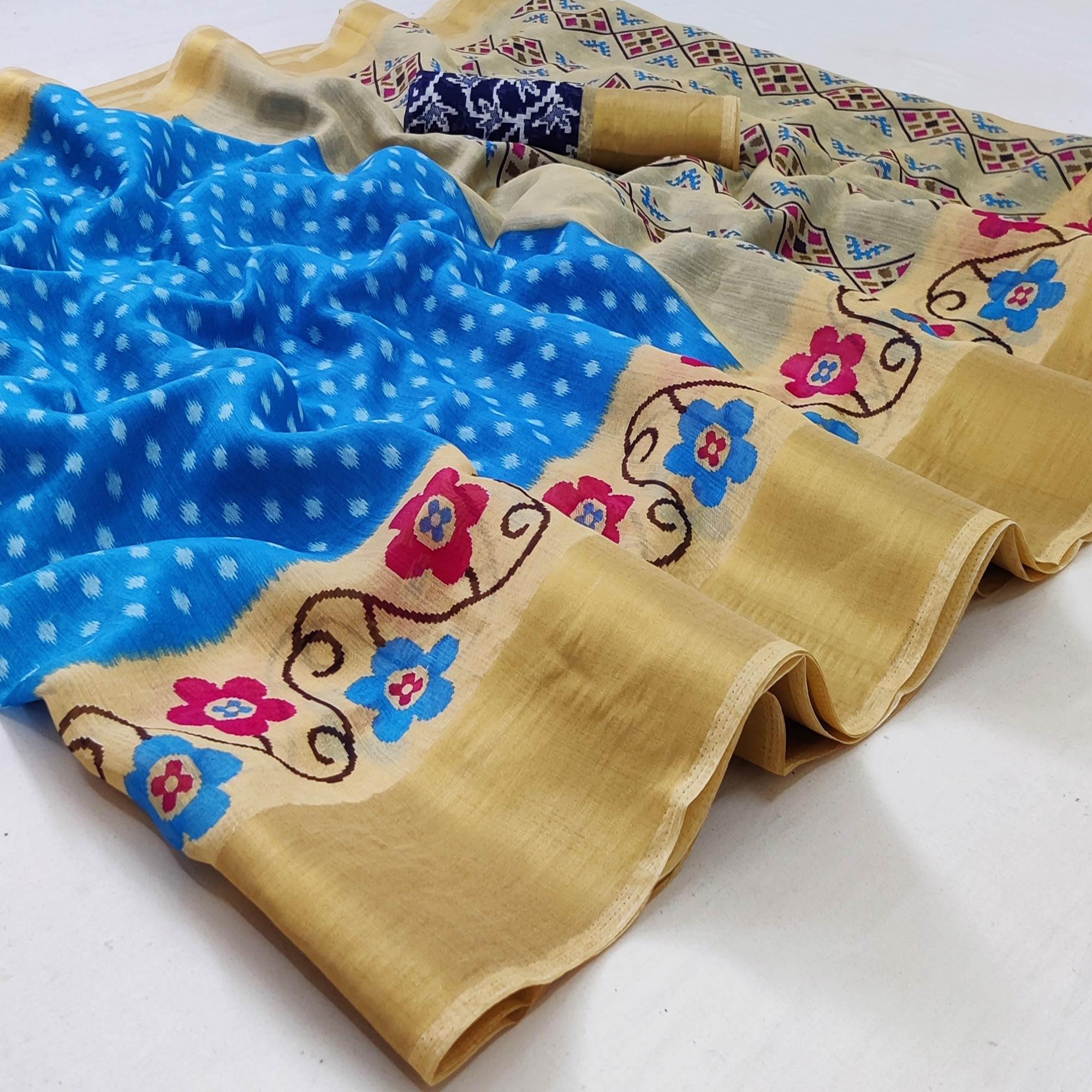 Blue-Cream Casual Wear Printed Cotton Saree With Jari Border - Peachmode