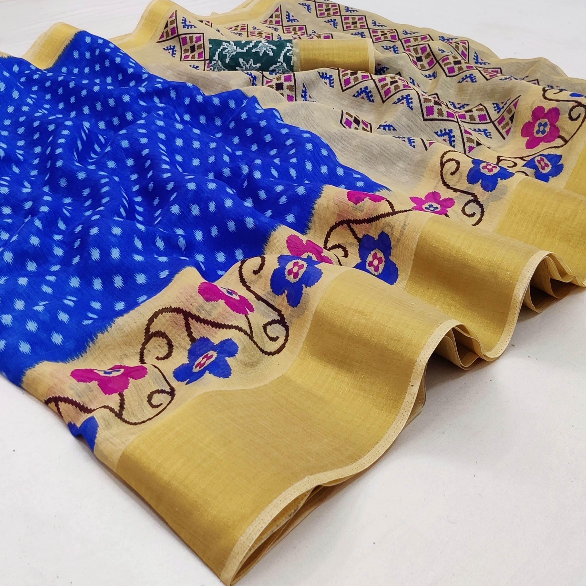 Blue-Cream Casual Wear Printed Cotton Saree With Jari Border - Peachmode