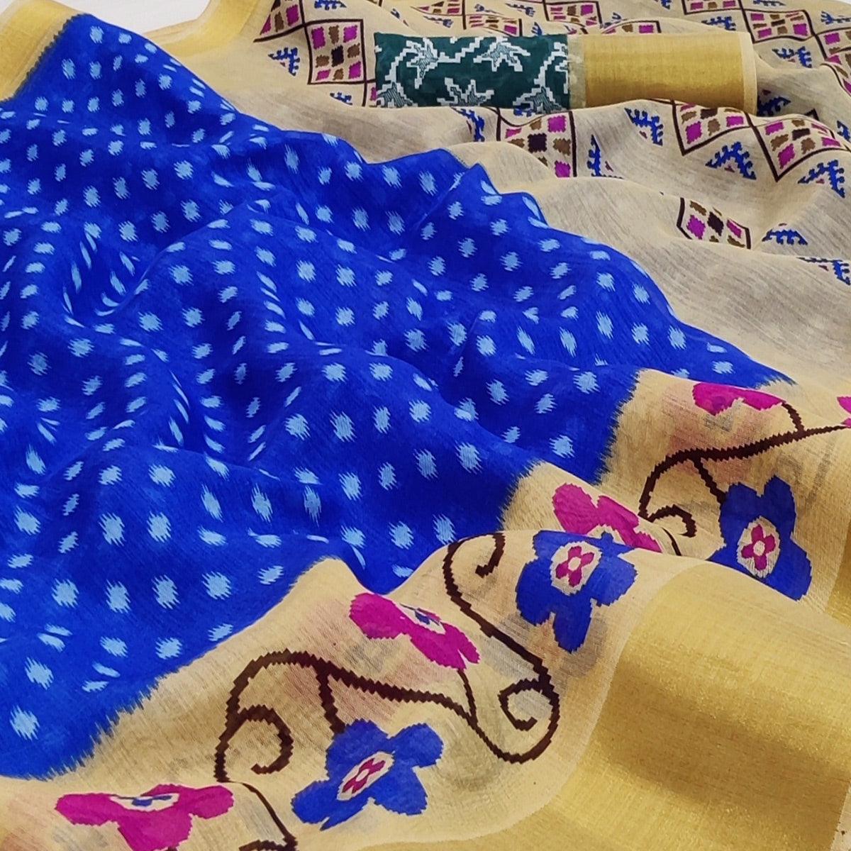 Blue-Cream Casual Wear Printed Cotton Saree With Jari Border - Peachmode