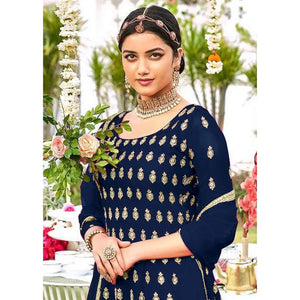 Blue Designer Floral Embroidered Heavy Georgette Partywear Suit - Peachmode