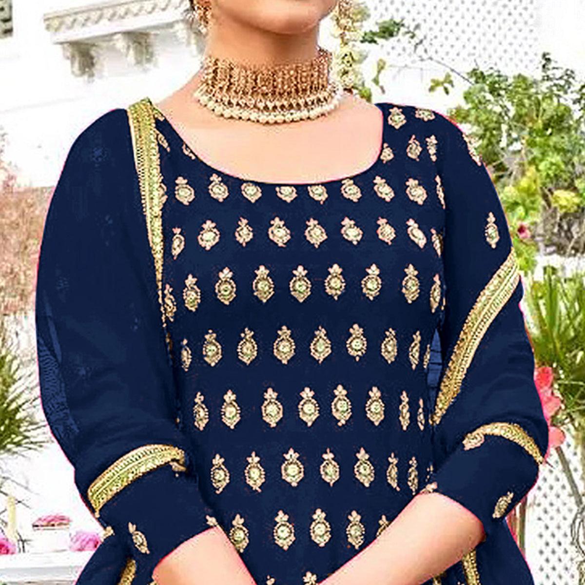 Blue Designer Floral Embroidered Heavy Georgette Partywear Suit - Peachmode