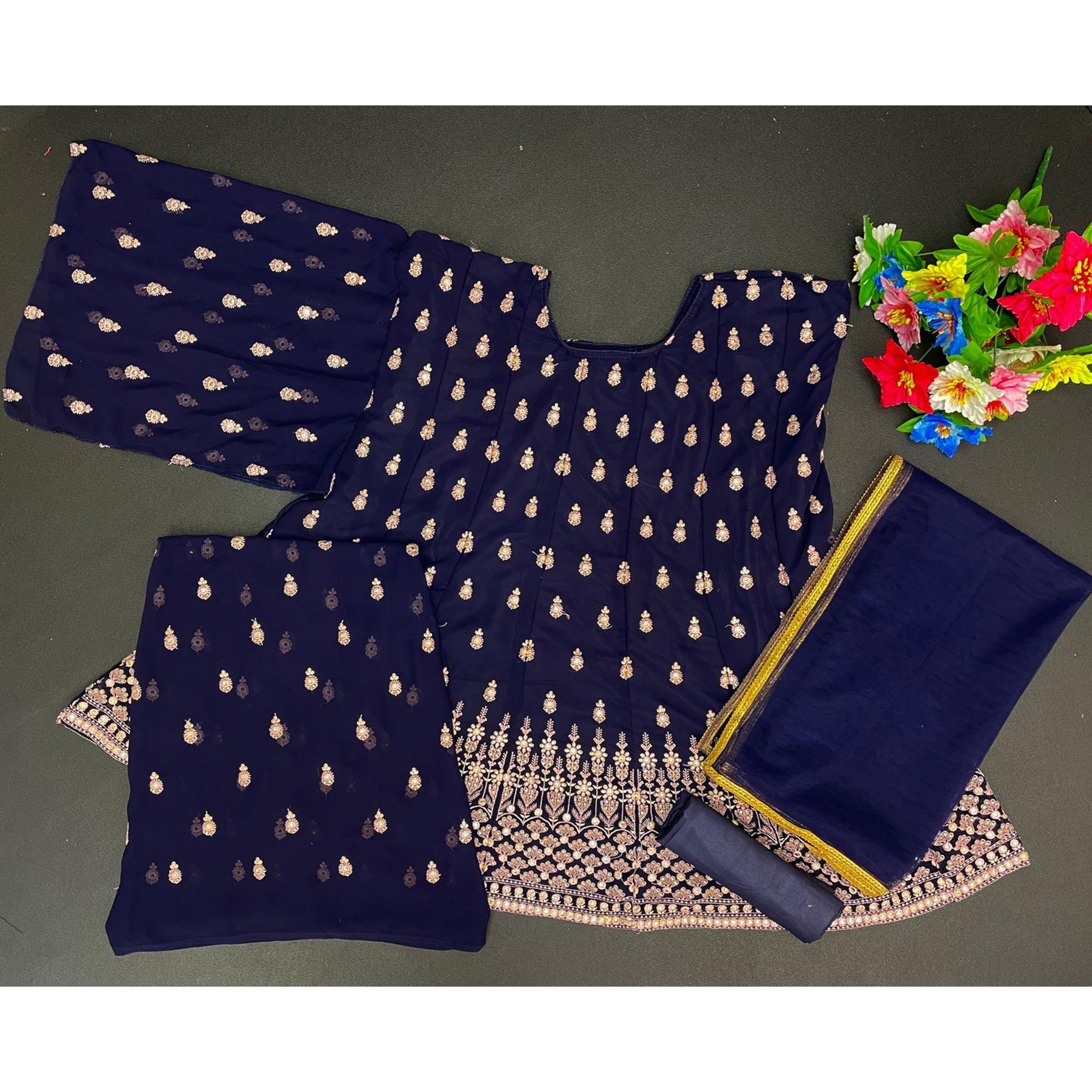 Blue Designer Floral Embroidered Heavy Georgette Partywear Suit - Peachmode