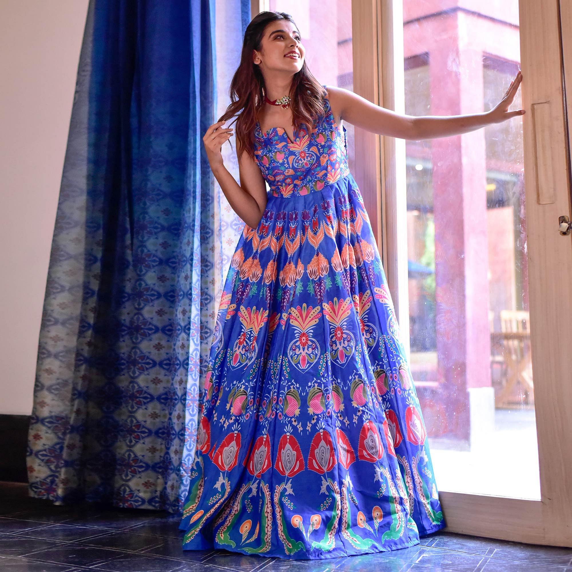 Blue Digital Floral Printed Muslin Gown - Peachmode