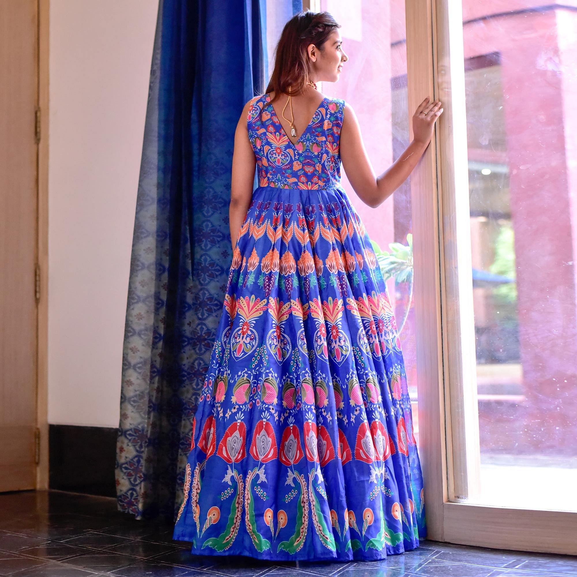 Blue Digital Floral Printed Muslin Gown - Peachmode