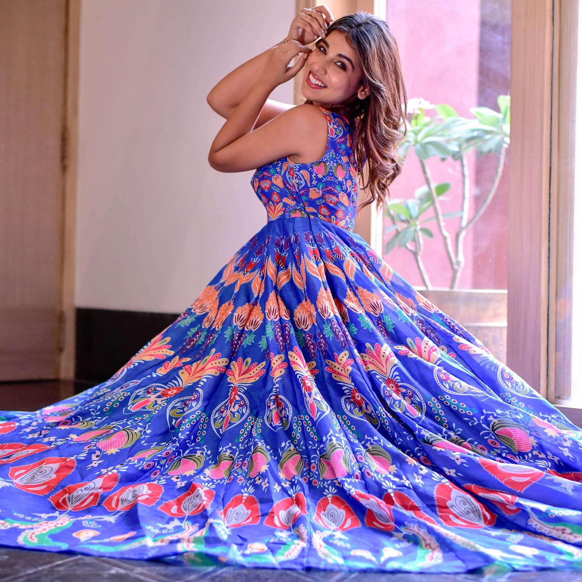 Blue Digital Floral Printed Muslin Gown - Peachmode