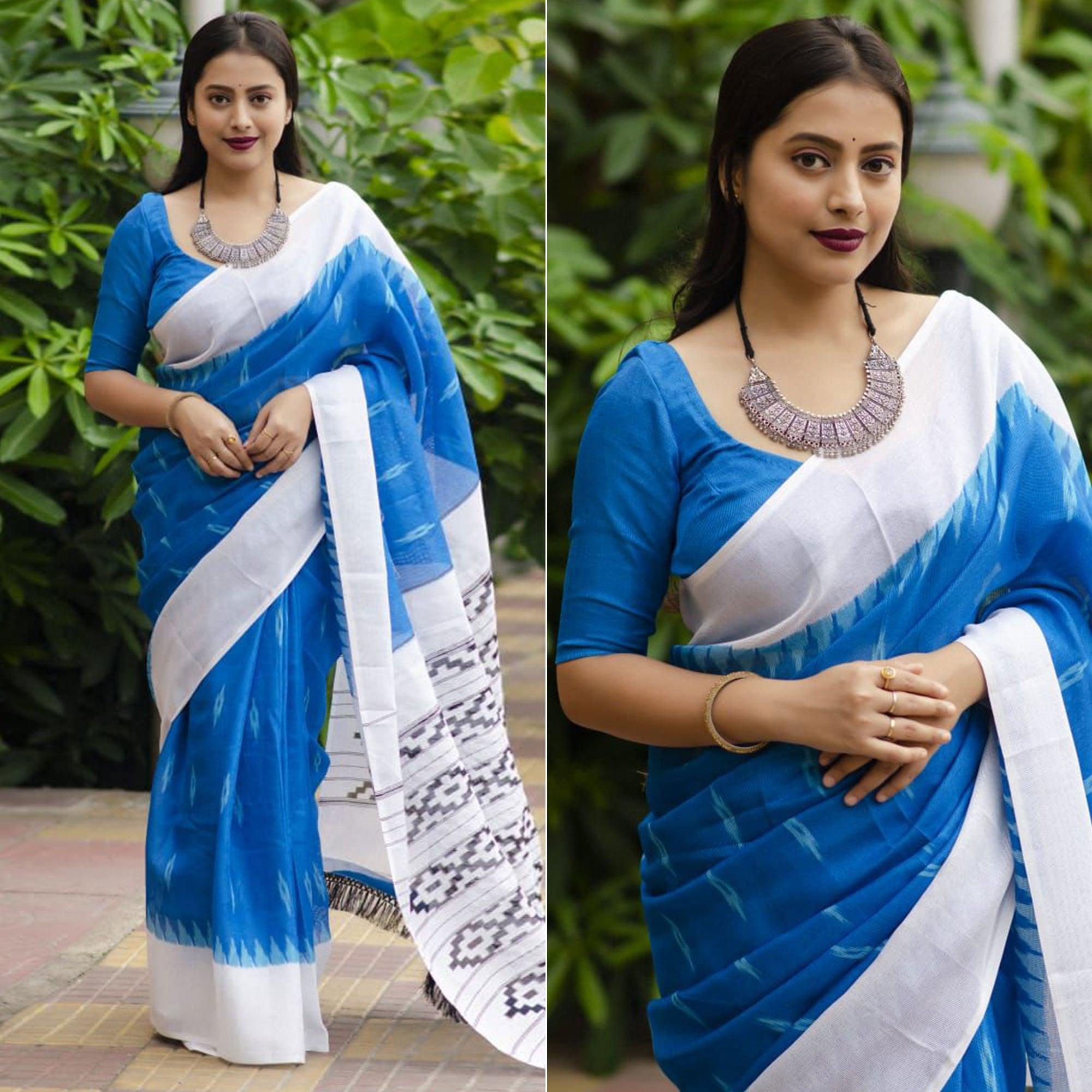 Blue Digital Ikkat Printed Linen Saree - Peachmode