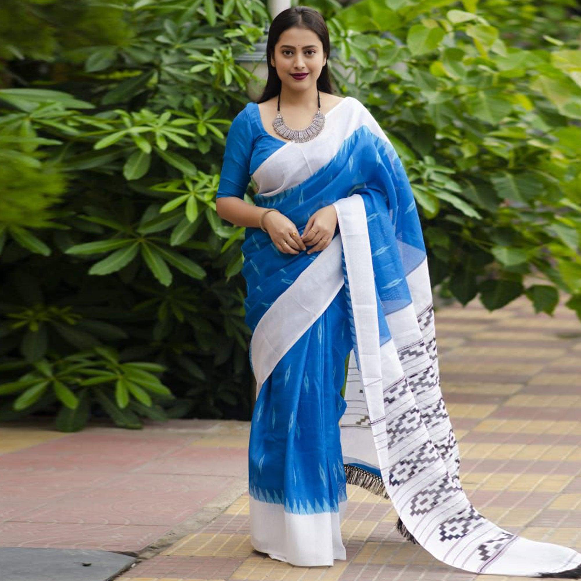 Blue Digital Ikkat Printed Linen Saree - Peachmode