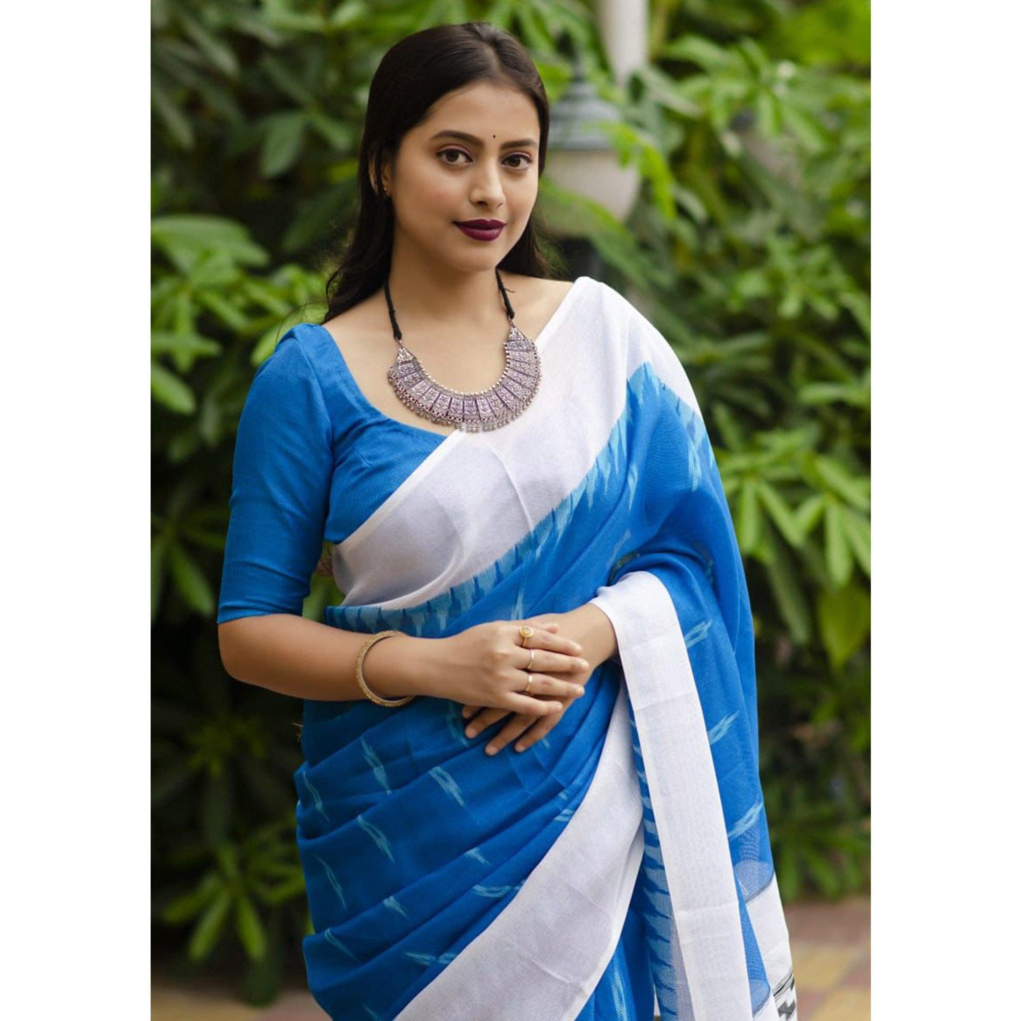 Blue Digital Ikkat Printed Linen Saree - Peachmode