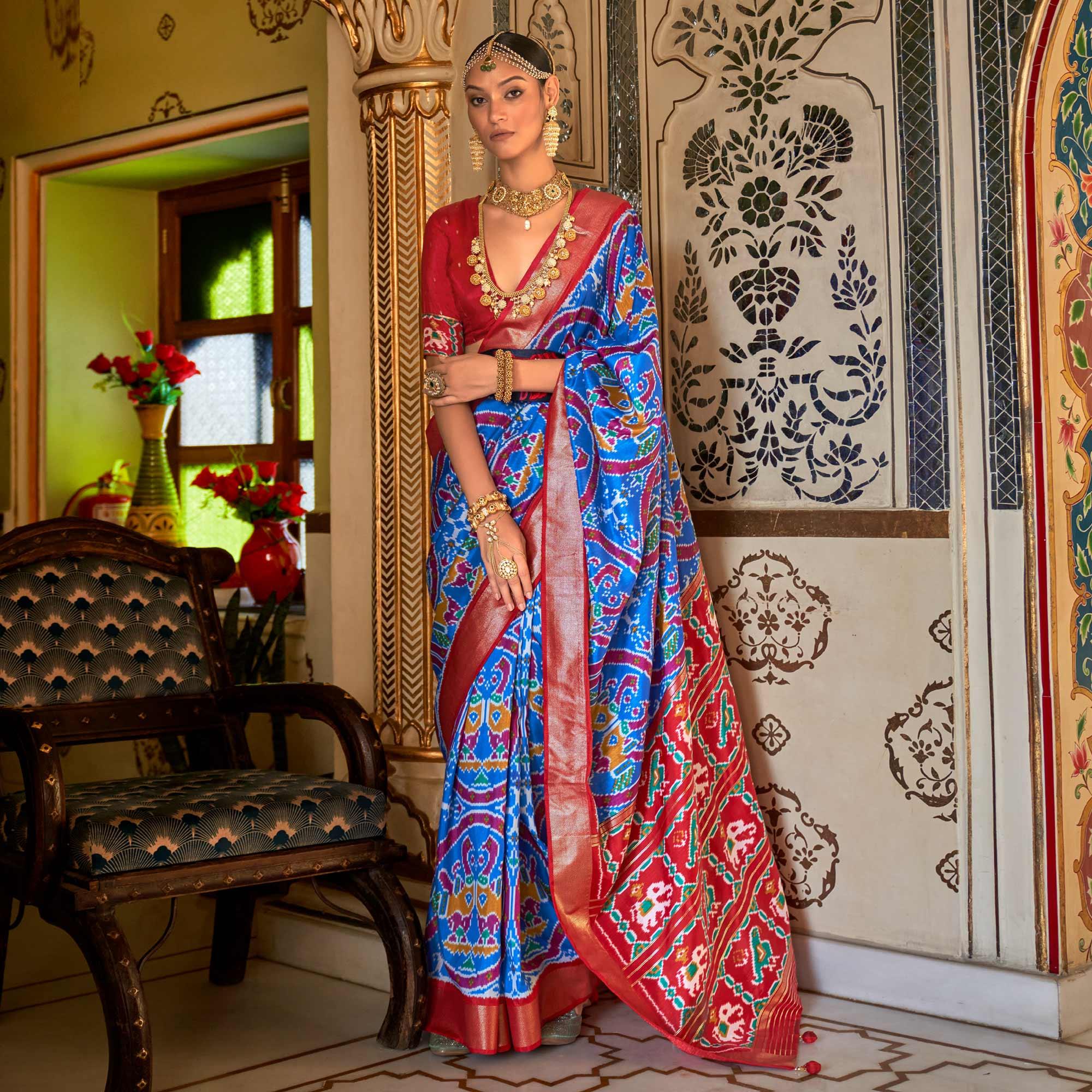 Blue Digital Patola Printed Silk Saree - Peachmode