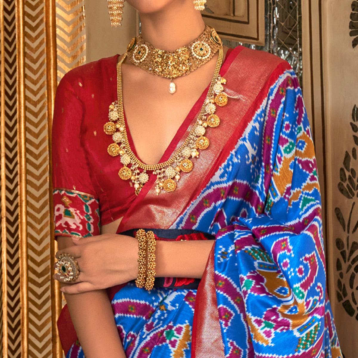 Blue Digital Patola Printed Silk Saree - Peachmode