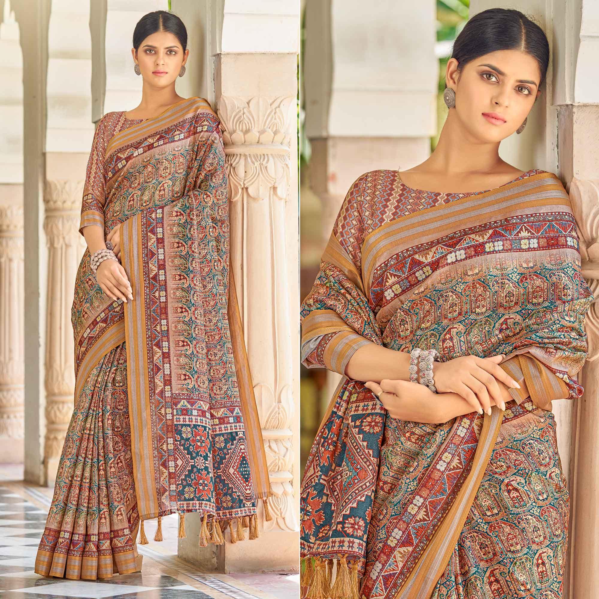 Blue Digital Printed Art Silk Saree - Peachmode