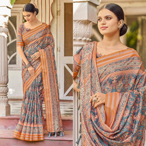 Blue Digital Printed Art Silk Saree - Peachmode