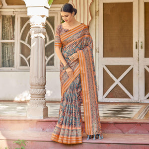 Blue Digital Printed Art Silk Saree - Peachmode