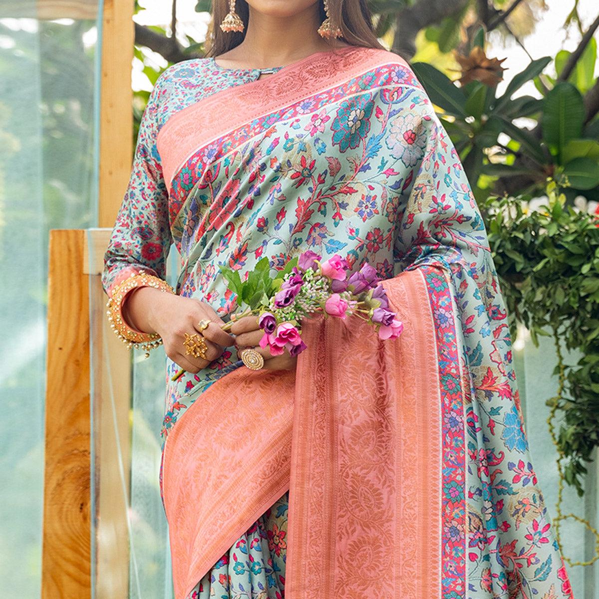 Blue Digital Printed Art Silk Saree - Peachmode